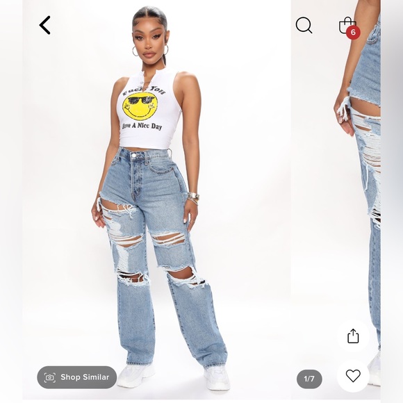 FashionNova “Seeking Thrills Shredded Straight Leg Jeans - Medium Wash” Size 14 - Picture 1 of 3